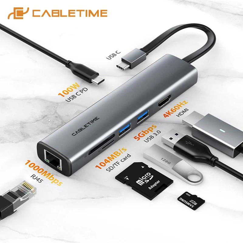 CABLETIME 7 in 1  USB C  USB 3.0 , ƺ е  ޴ ī , LAN 1000Mbps HDMI 4K 60Hz 100W
